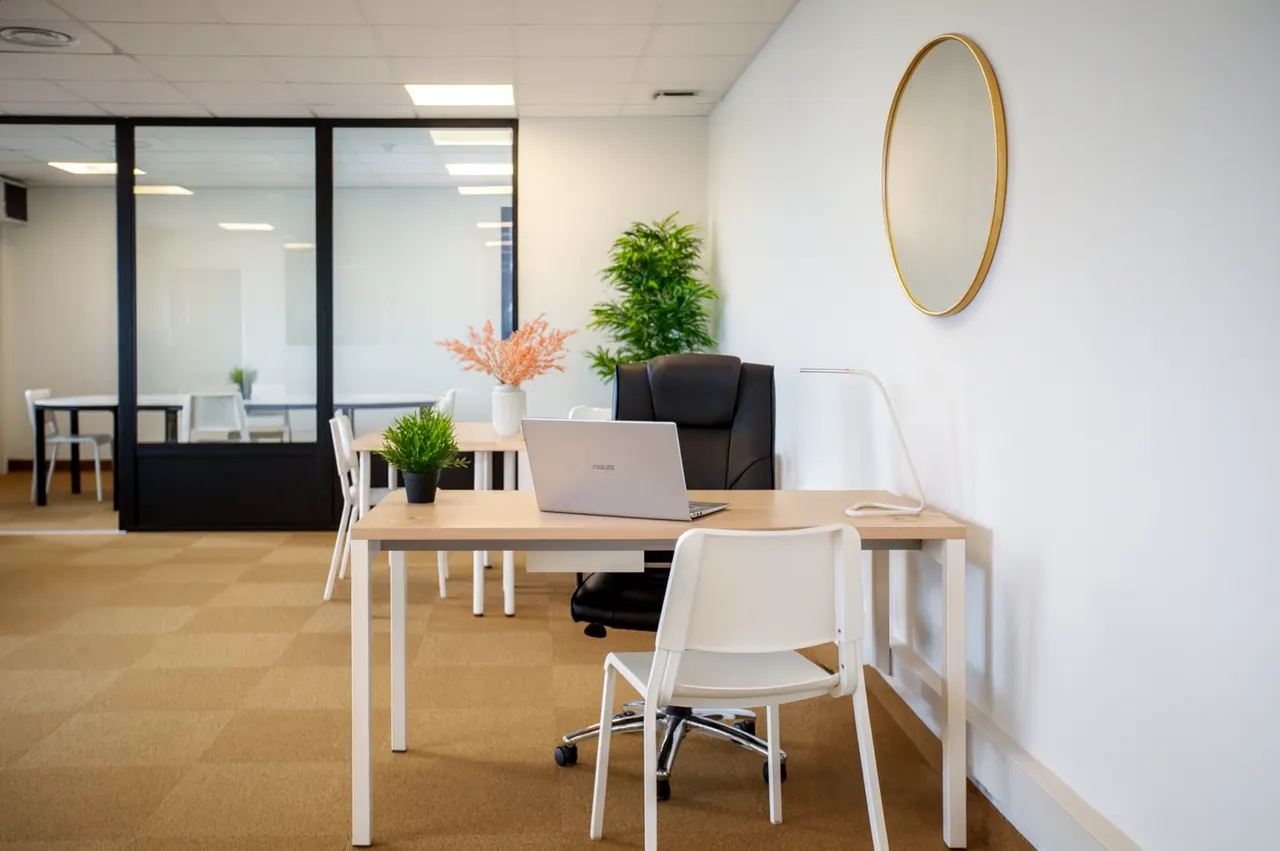 Bureau privatif moderne à Montpellier avec poste de travail, cloison vitrée et plantes