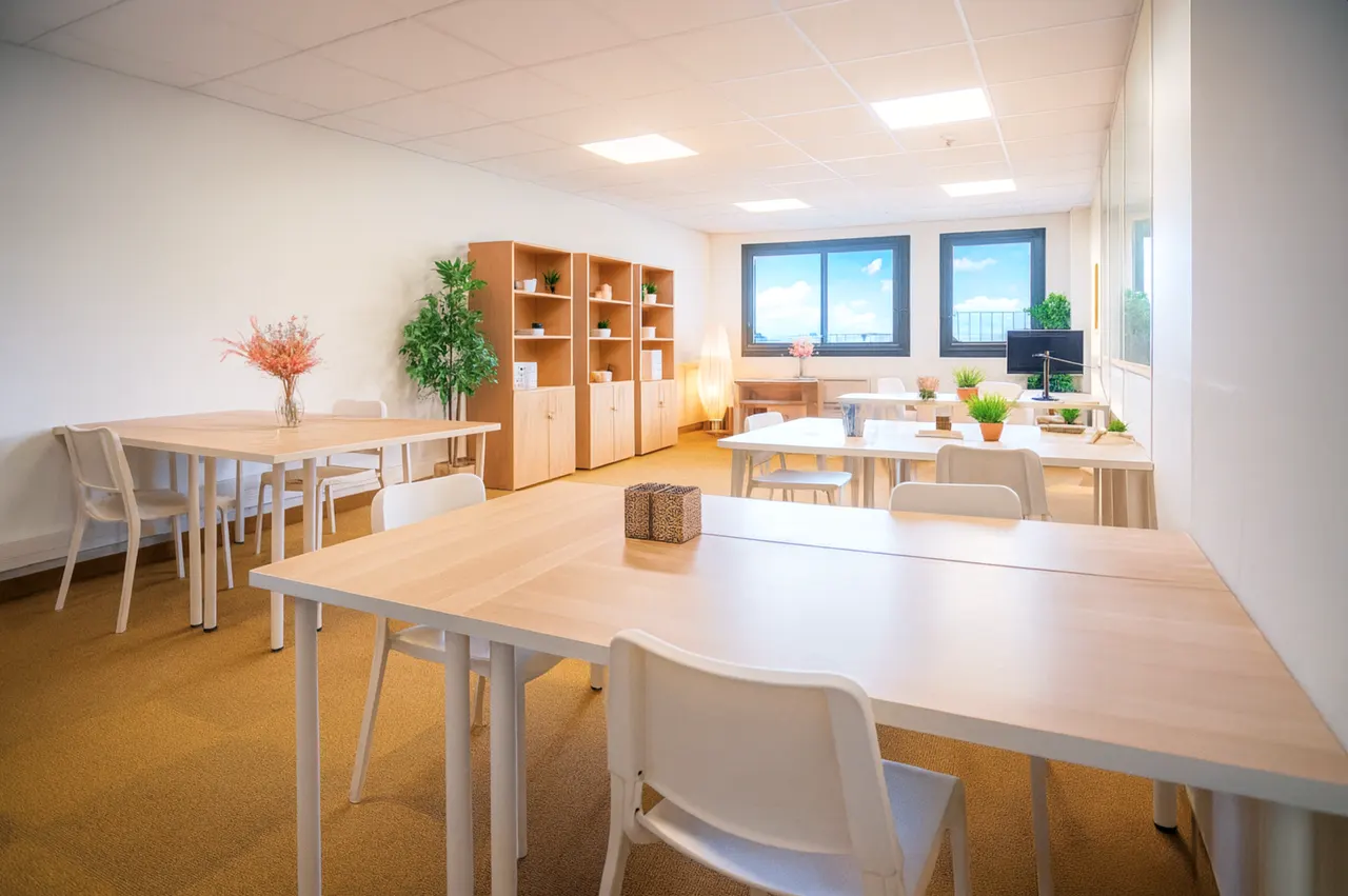 Open space lumineux à Montpellier avec plusieurs postes de travail, bureaux à l’année et services inclus